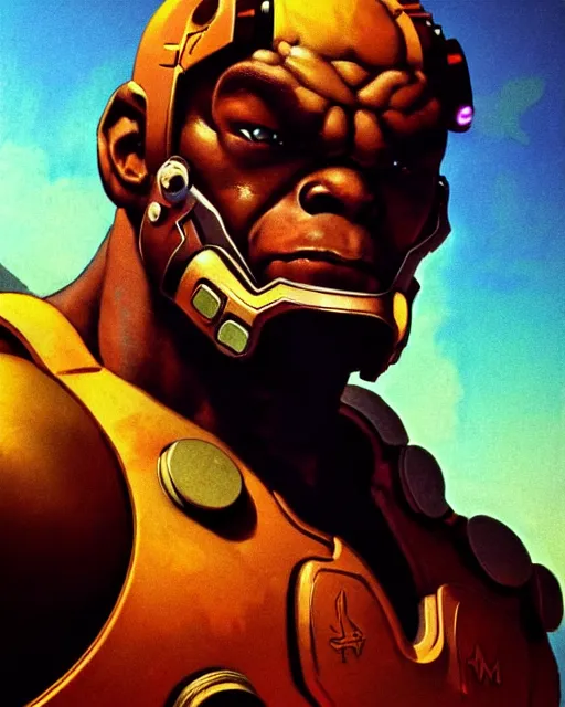 Image similar to doomfist from overwatch, character portrait, portrait, close up, concept art, intricate details, highly detailed, vintage sci - fi poster, retro future, vintage sci - fi art, in the style of chris foss, rodger dean, moebius, michael whelan, and gustave dore