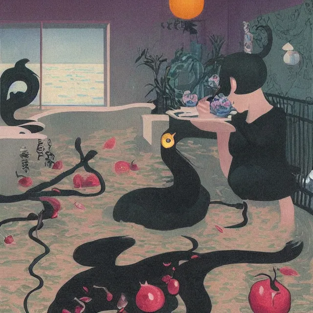 Image similar to emo catgirl artist in her flooded apartment, painting of flood waters inside an artist's home, a river flooding indoors, pomegranates, pigs, ikebana, zen, water, octopus, river, rapids, waterfall, black swans, canoe, berries, acrylic on canvas, surrealist, by magritte and monet