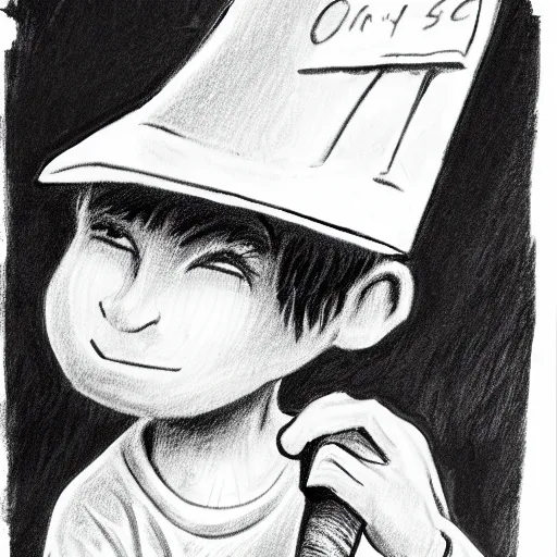 Image similar to a street artist cartoon sketch black and white chalk sketch of a boy wearing a baseball cap holding an ice cream cone