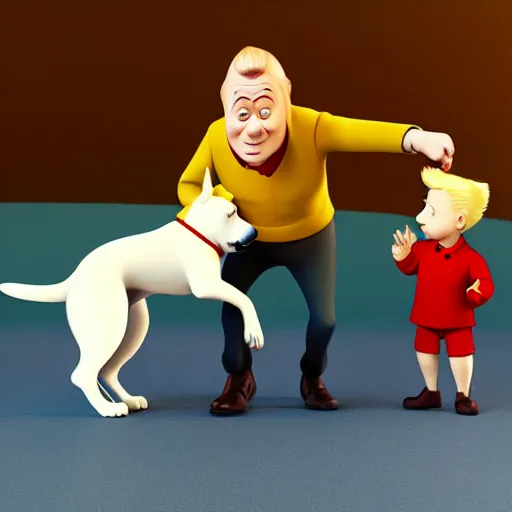 Image similar to tin tin and his white dog by herge, depicted as a pixar character, high quality cg render, 8 k