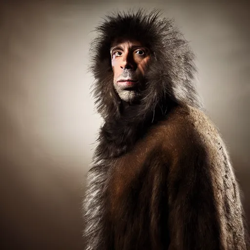 Image similar to Photo portrait Joe Rogan as a wax neanderthal cave man exaggerated brow wrapped in fur cloak in the national science museum background dramatic lighting 85mm lens by Steve McCurry