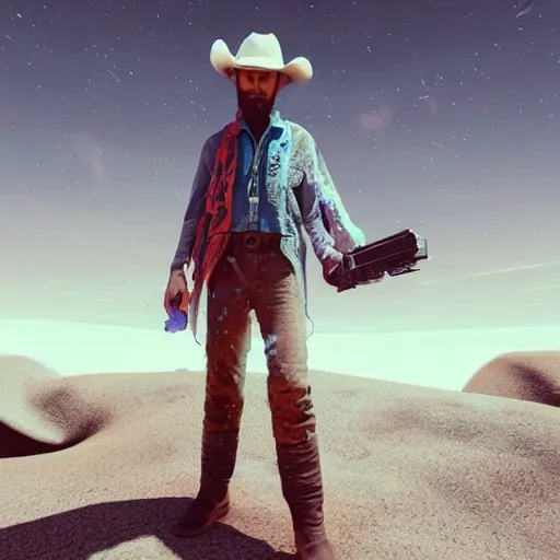 Prompt: No man's sky Gunslinger cowboy art by Mike Winkelmann, power auras, sigils, tattered cloth robes, substance 3d painter, PBR textures, Physical based rendering, cinematic, hyper realism, high detail, octane render, unreal engine, 8k, Vibrant colors, Smooth gradients, High contrast, depth of field, aperture