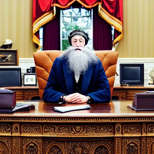 Image similar to professional portrait of Vermin Supreme sitting in the oval office desk, 8k, very intricate, very detailed, cinematic,