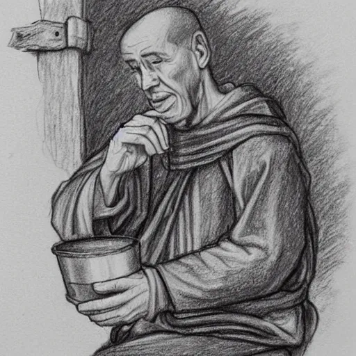 Image similar to pencil sketch of a monk drinking mead from a barrel