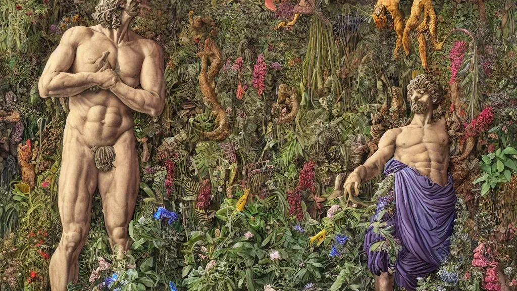 Prompt: highly detailed illustration of a greek statue of a man surrounded by all the known species of plants and flowers by juan gatti!, by moebius!, by oliver vernon!