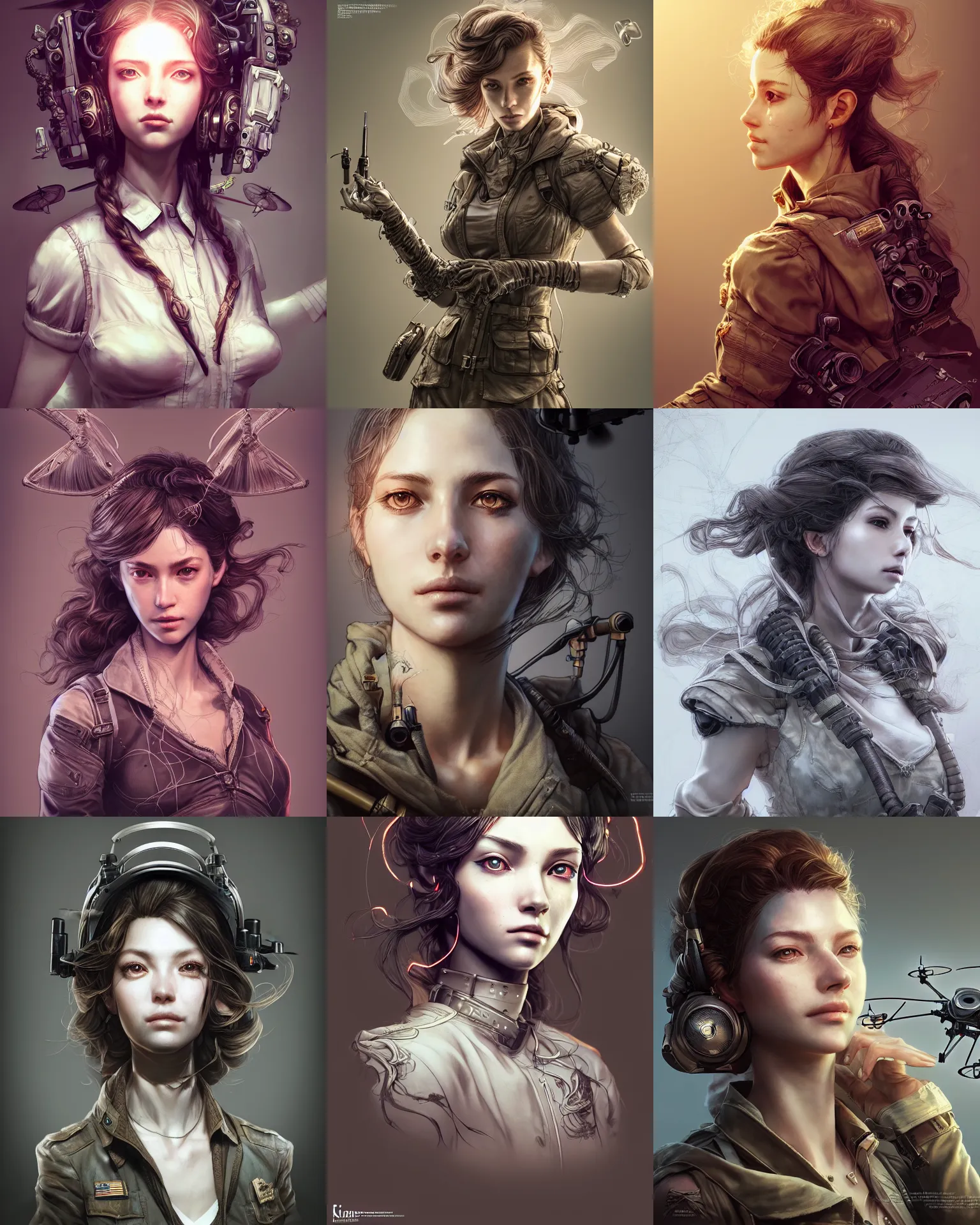 Prompt: the portrait of stunning female drone operator absurdly beautiful, gorgeous, elegant, on battlefield, an ultrafine hyperdetailed illustration by kim jung gi, irakli nadar, artgerm, intricate linework, octopath traveler, final fantasy, unreal engine 5 highly rendered, global illumination, radiant light