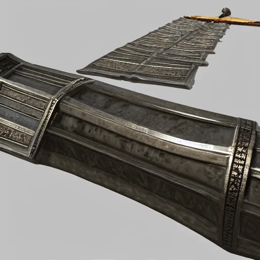 Image similar to A 3d render of a large, medieval sword.