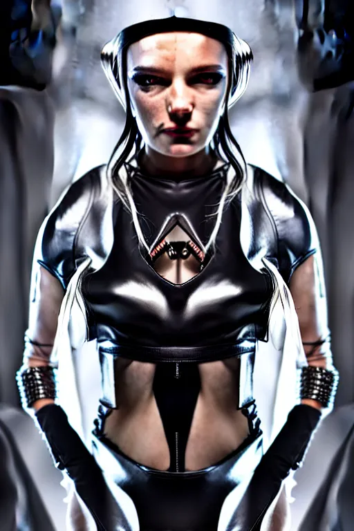 Image similar to edgy beautiful powerful female glossy futuristic cyborg with curved metal Loki horns and chrome motorcycle parts, full body, dark fantasy, neon bar lights, 3d render, octane, 8k, volumetric lighting, hyper-realistic,, diffuse lighting, intricate, highly detailed, lifelike, photorealistic, digital painting, trending on artstation, smooth, sharp focus