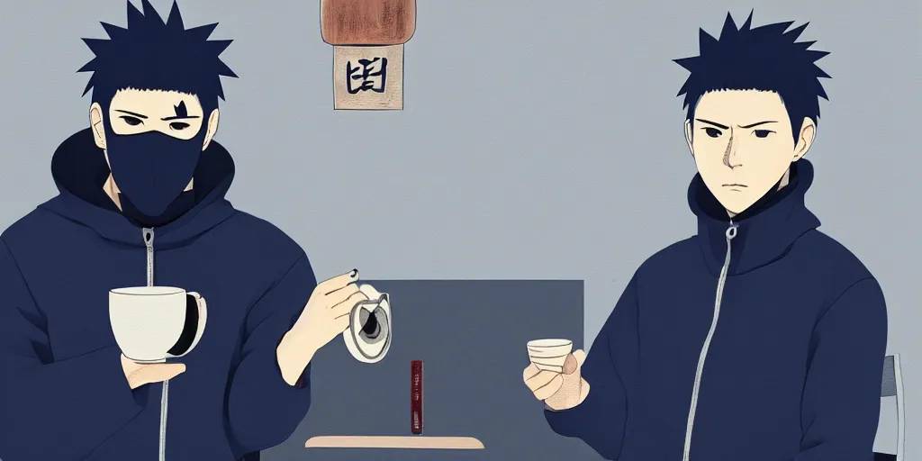 Prompt: kakashi hatake wearing headphones and a navy blue hoody having tea at a tea shop in toyko, aesthetic, digital painting, artstation, high res, 4 k