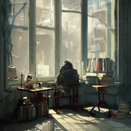 Image similar to robot reading the newspaper in his armchair in the background books near a window by Greg rutkowski, Trending artstation