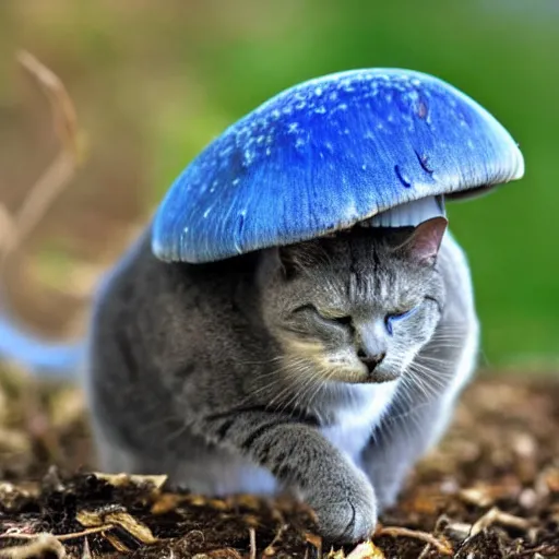 Prompt: a blue mushroom growing on a cat, hd, natural geographic, nature photography, trending on twitter