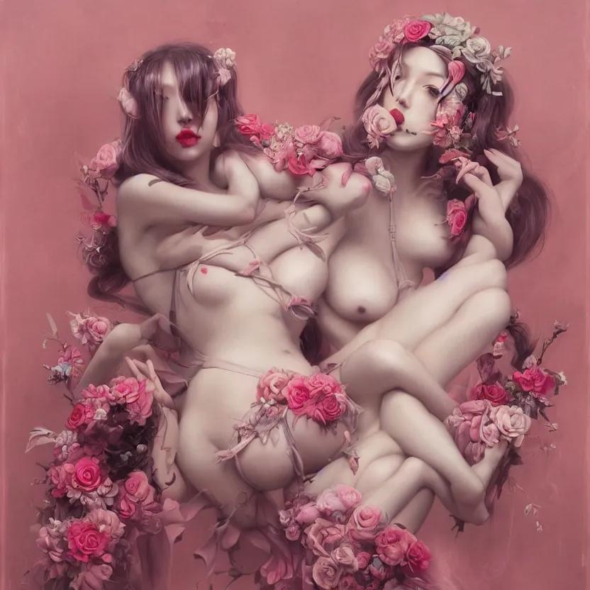 Image similar to pop surrealism, lowbrow art, realistic seductive cute woman painting, pink body harness, long hair, japanese shibari with flowers, hyper realism, muted colours, rococo, natalie shau, loreta lux, tom bagshaw, mark ryden, trevor brown style,