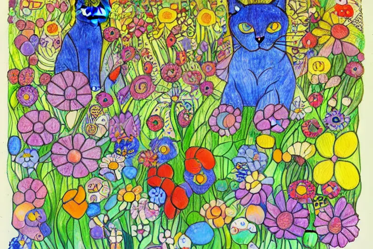 Image similar to cat playing in a garden of flowers, a mix media painting by laurel burch and Leonardo da Vinci and Natalia Goncharova, cluttered , child's drawing, art by Studio Ghibli, anime, thick black lineart