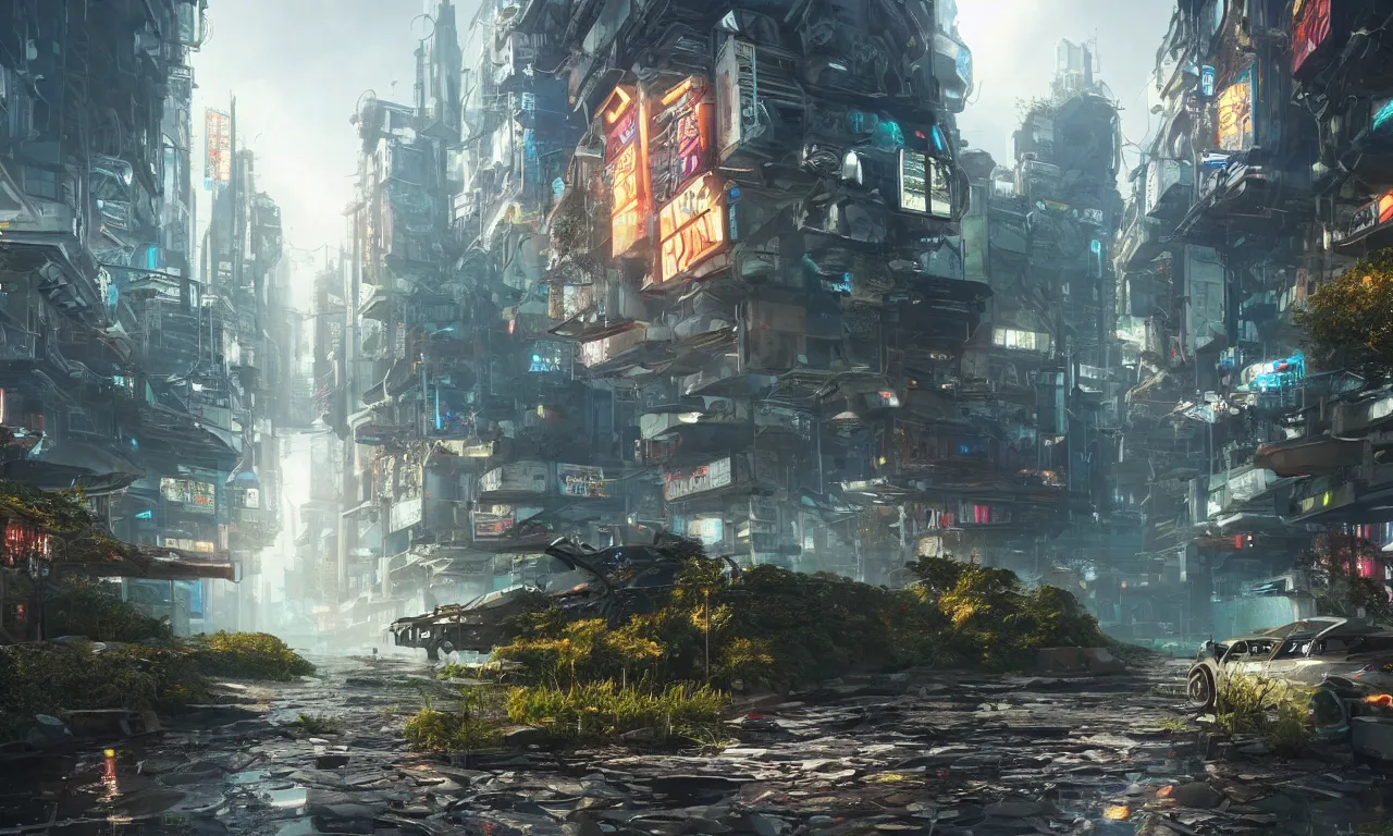 Prompt: incredibly detailed concept art when nature meets cyberpunk, hyperrealistic, octane render, soft lighting, ray traced, volumetric, path traced, beautiful