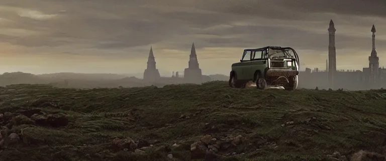 Image similar to Land Rover Defender 110 (1985), an epic fantasy, dramatic lighting, cinematic, establishing shot, extremely high detail, photorealistic, cinematic lighting, artstation, by simon stalenhag, The Elder Scrolls IV: Oblivion, Green Cyrodiil plains, Imperial City with the Adamantine Tower in the middle in the distance, Adamantine Tower in the distance, at day