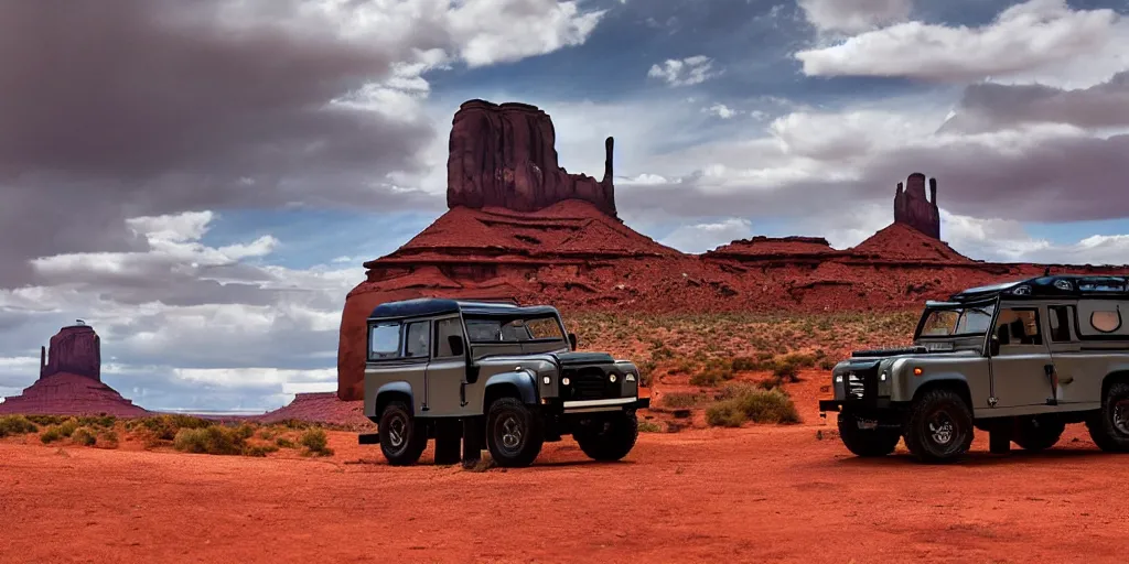 Prompt: a vintage Land Rover Defender drives within a dramatic vista in Monument Valley, cinematic sky and light