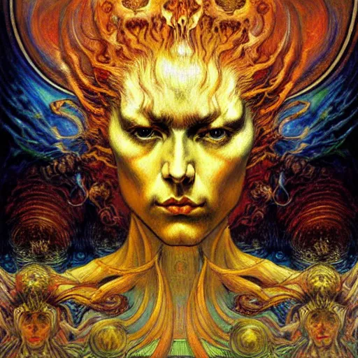 Prompt: Divine Chaos Engine by Karol Bak, Jean Delville, and Vincent Van Gogh, in the style of William Blake and Van Gogh