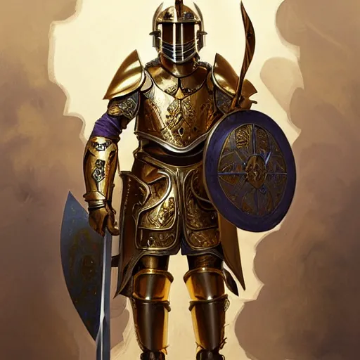Image similar to Portrait of Pedro Perestrello as a paladin wearing gold full plate armor and wielding a shield, fantasy, intricate, elegant, highly detailed, digital painting, artstation, concept art, matte, sharp focus, illustration, art by Roberto Ferri and Greg Rutkowski and Alphonse Mucha