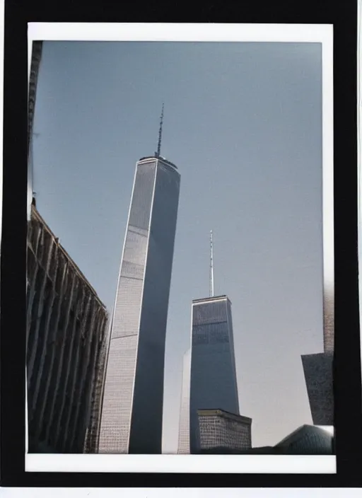 Image similar to 1 9 9 0 s polaroid of the twin towers wtc, as plane flies overhead