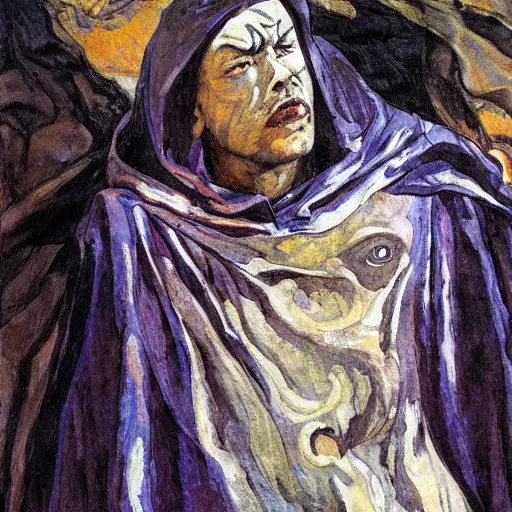 Image similar to comics sandmanin a cloak by Neil Gaiman, in style The Demon Seated, by Mikhail Vrubel, oil painting, art gallery, art museum, small details, whole-length, hyperrealism, black cloak, very detailed face, very detailed torso,