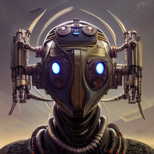 Image similar to front shot of a cyberpunk gazmask robot character, intricate, elegant, highly detailed, centered, digital painting, artstation, concept art, smooth, sharp focus, illustration, artgerm, Tomasz Alen Kopera, Peter Mohrbacher, donato giancola, Joseph Christian Leyendecker, WLOP, Boris Vallejo