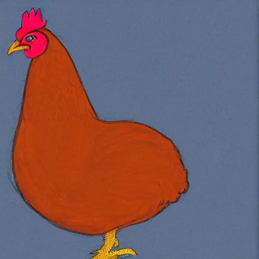 Image similar to A chicken knitting a scarf, color drawing