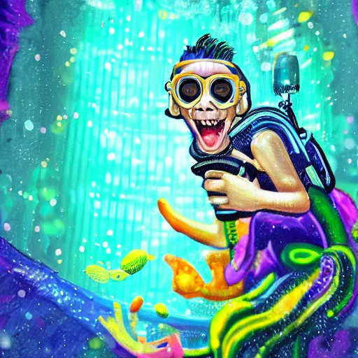 Image similar to cyberpunk excited young monkey underwater, sparkly, colorful, cyberpunk digital painting