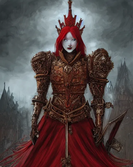Prompt: redhead queen in heavy red armor, inside an epic gothic castle, baroque, large crown helmet, heart eyes, face with scars, mad grin, insane smile, intimidating, ominous, high fantasy, intricate detail, digital painting, artstation, concept art, smooth, sharp focus, illustration, art by yoshitaka amano and monia merlo and wlop