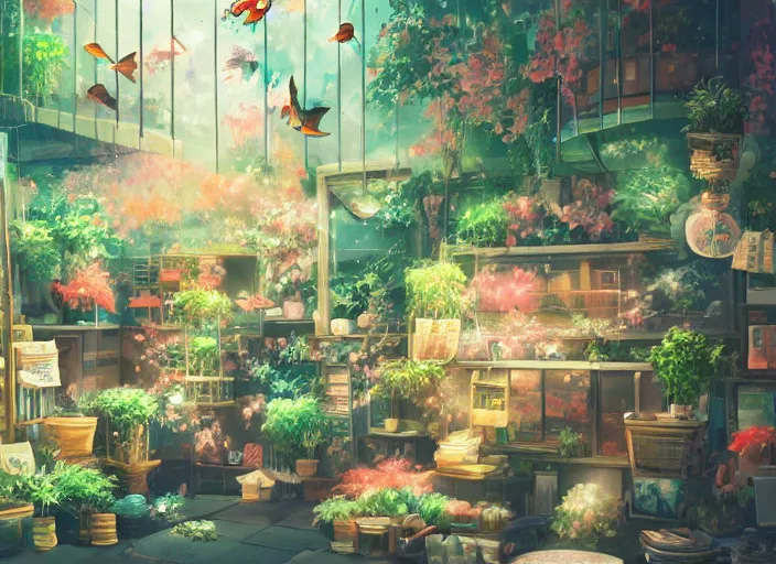 Image similar to anime background clean neat clarity professional visual development set design, tiny cozy store with hanging bird cages and bright fish aquariums, sparse plants, dim painterly lighting volumetric aquatics, impasto, trending on pixiv