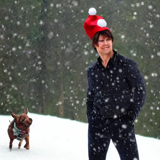 Prompt: tom cruise in costume with a christmas hat and a small dog. tropical forest in the background. it's snowing.