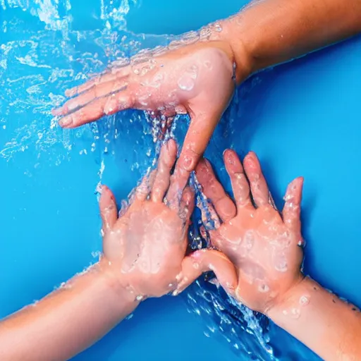 Prompt: hands cupped together with water running down from above, overflowing, washed out blue background, detailed, realistic, professional photography