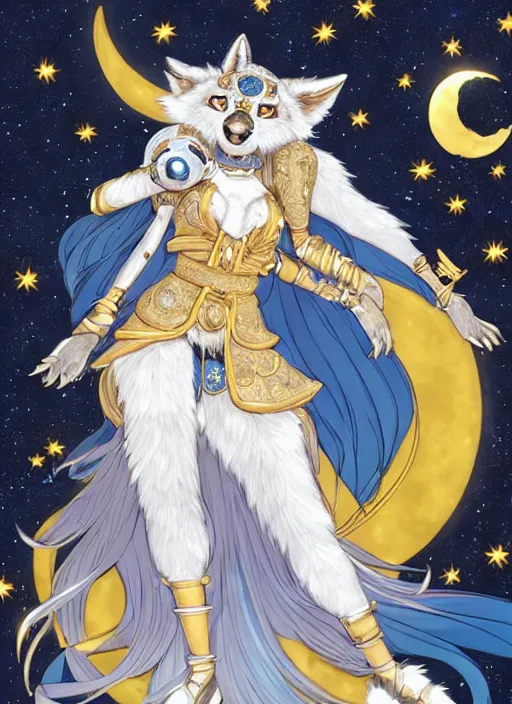 Prompt: commissioned full body portrait of a female anthro wolf princess fursona with a furry wolf head and white hair wearing a blue and gold Japanese armored dress in a white and gold palace on a starry night with a large crescent moon, by a professional manga illustrator, Stanley Artgerm Lau, WLOP, Rossdraws, James Jean, Andrei Riabovitchev, Marc Simonetti, and Sakimichan, trending on artstation