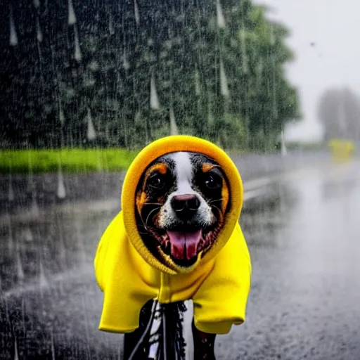 Image similar to a dog with a yellow hat riding a bike while raining