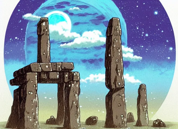 Image similar to a realistic cell - shaded studio ghibli concept art from paprika ( 2 0 0 6 ) of a rainbow - colored cube from close encounters of the third kind ( 1 9 7 7 ) and a grey long - haired witch sitting on top of a pillar in a flooded stonehenge on a misty starry night. very dull colors, wide shot, hd, 4 k, hq