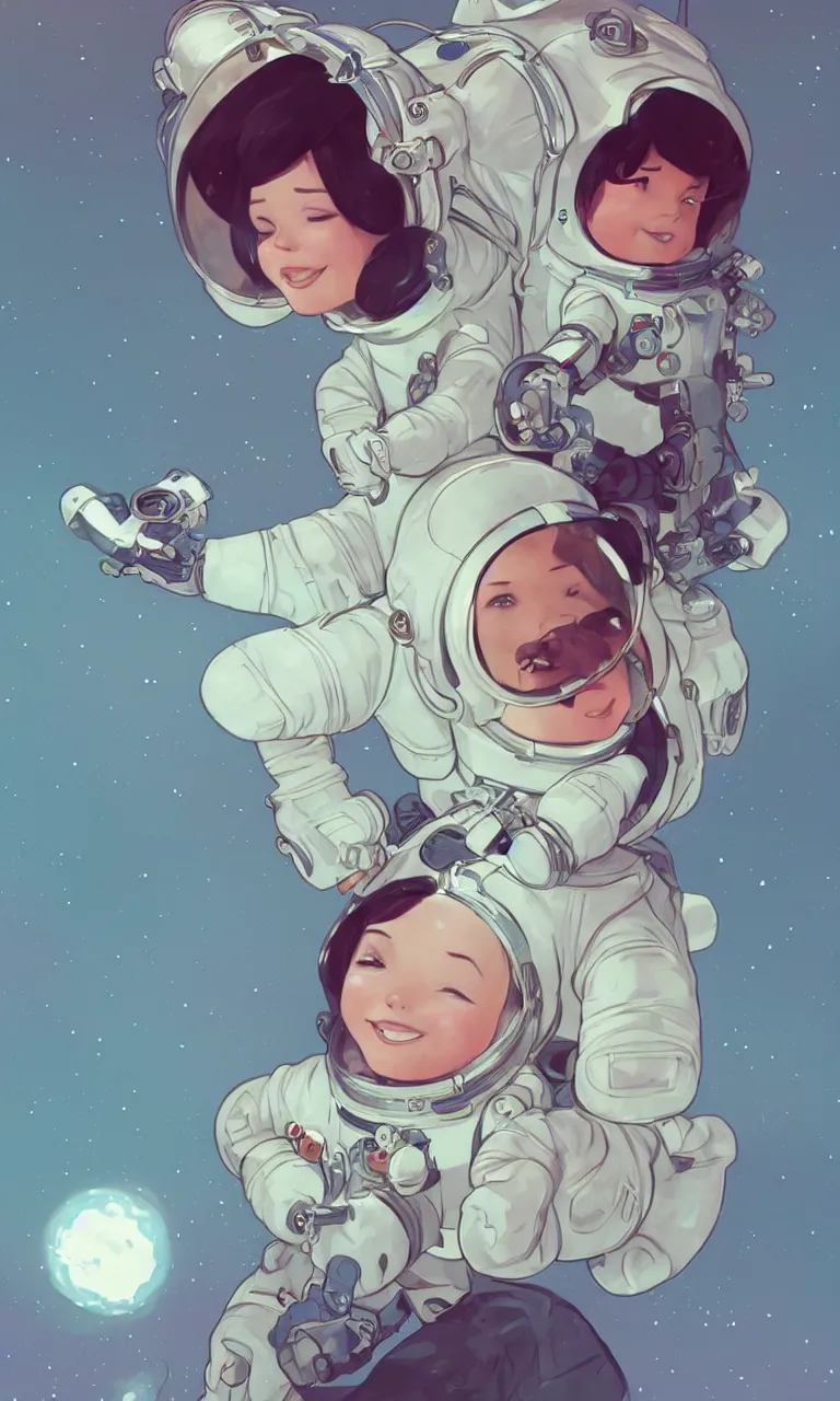 Image similar to cute pixie bjork taking charge in an astronaut suit, a look of wonder on her face, ambient lighting, 4 k, lois van baarle, ilya kuvshinov, rossdraws, alphonse mucha, jung gi kim, artstation