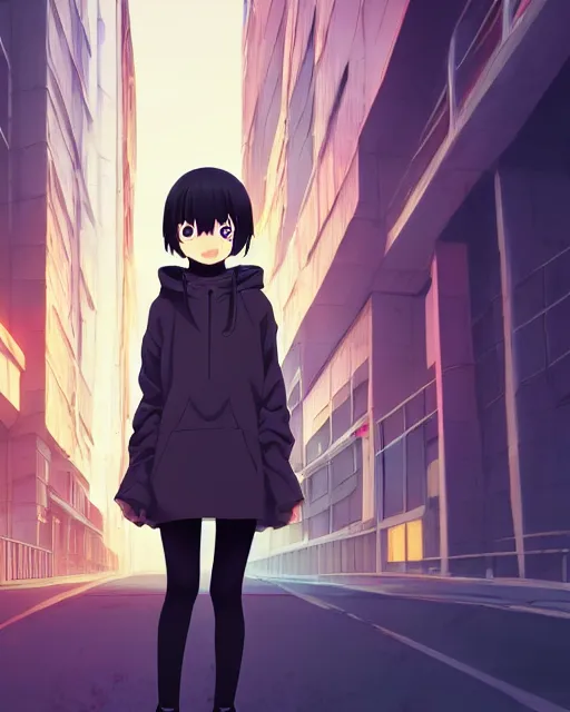 Image similar to anime visual, portrait of a young black haired girl wearing hoodie sightseeing above the urban street in bright day guardrail, cute face by yoh yoshinari, katsura masakazu, dramatic lighting, dynamic pose, dynamic perspective, strong silhouette, ilya kuvshinov, anime cels, rounded eyes, moody