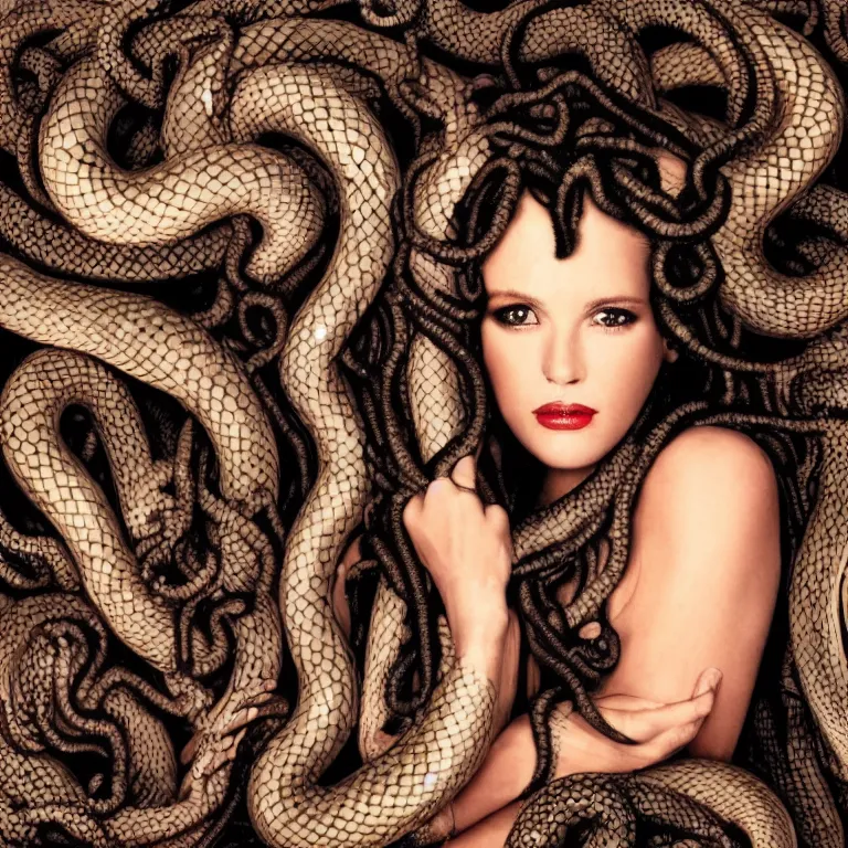 Prompt: Glamour Shots portrait photo of Medusa with snakes for hair in real life