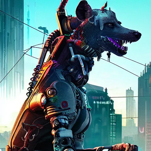 Prompt: cyborg hyena in cyberpunk 2 0 7 7, wires and neon lights, realistic highly detailed video game concept art,