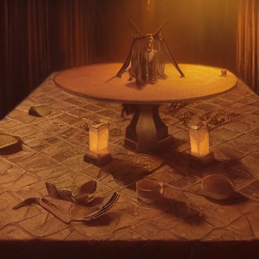 Image similar to Seance table, Hyper-realistic, 4K, Highly Detailed, HD, Dramatic Lighting by Brom, golden hour, trending on Artstation