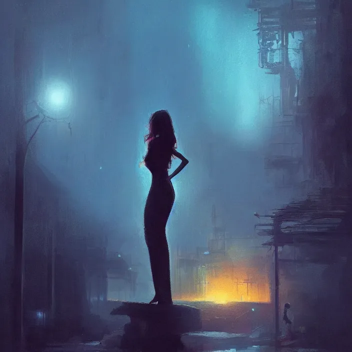 Prompt: lonely lady, portrait, concept art, digital painting, noir, backlit, flare, neon lights, atmospheric, by bruce pennington, by corbusier