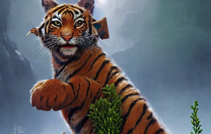 Prompt: Portrait one beautiful tabaxi witch druid wood branch moss plants, surfing surfer, beach, tiger, 4k oil on linen by wlop, artgerm, andrei riabovitchev, nuri iyem, james gurney, james jean, greg rutkowski, highly detailed, soft lighting 8k resolution