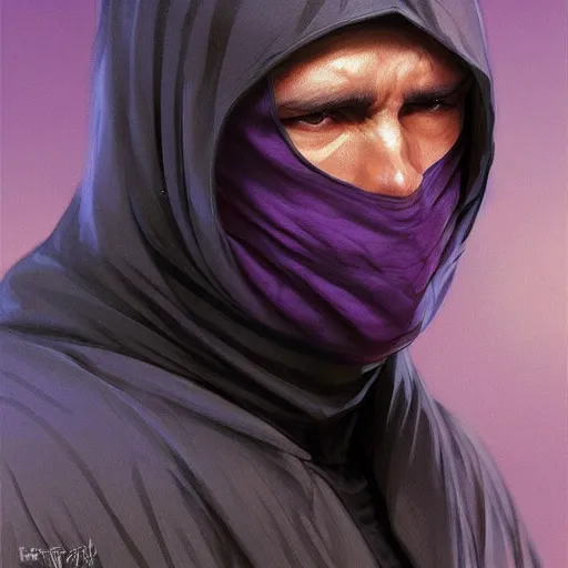 Image similar to ultra realistic illustration, man in a black hood, in a striped purple balaclava, mysterious, highly detailed, digital painting, artstation, concept art, smooth, sharp focus, illustration, art by artgerm and greg rutkowski and alphonse mucha