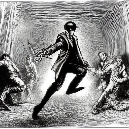 Prompt: A scene from the Matrix as drawn by Gustave Doré with Neo fighting a thousand agents Smith