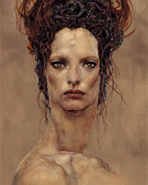 Prompt: portrait of a powerful medusa with many pythons by greg rutkowski in the style of egon schiele