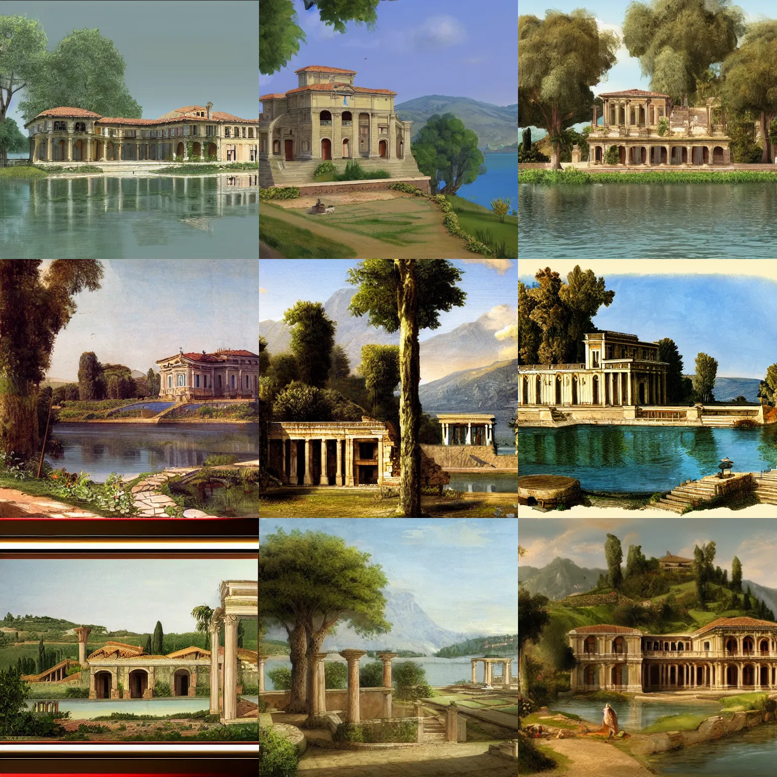 Prompt: villa by the lake, ancient rome, classical concept art