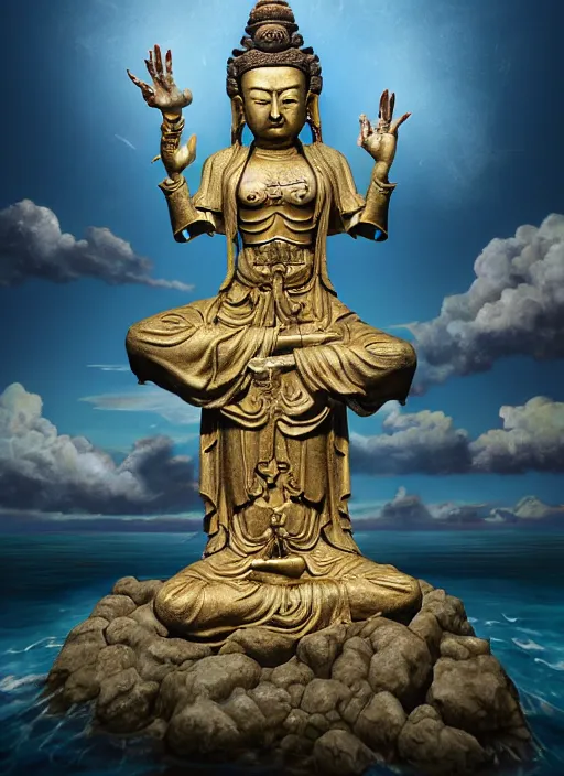 Image similar to guanyin stand on big loutus, a godness of the southern seas, a realistic setting with muted colors, visual novel cover, by yoshitaka amano, zeng fanzhi, jane hamilton, tiffany studios, sunrays shine uponit, frostbite 3 engine, cryengine, dof, trending on artstation, digital art, fantasy detailed background