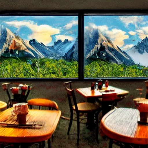 Image similar to mountain cafe, cinematic, photography, surreal, impressionist