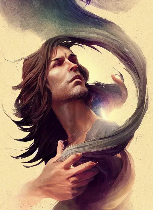 Image similar to side profile of a man with long black hair in brown rags holding a magical orb, fantasy, digital painting, volumetric light, intricate, sharp, focus, bloom, illustration, highly detailed, concept art, matte, art by anna dittmann and ilya kuvshinov and greg rutkowski, masterpiece