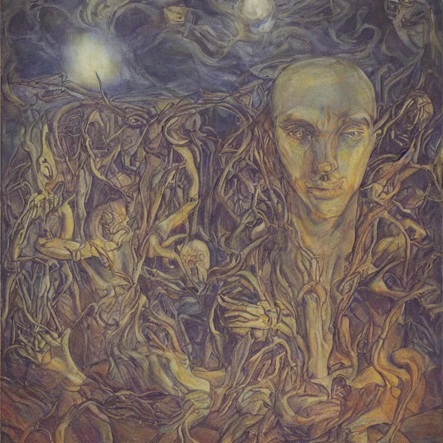 Prompt: artwork about the infinite road ahead, by austin osman spare. atmospheric ambiance. depth of field and tridimensional perspective. foggy.