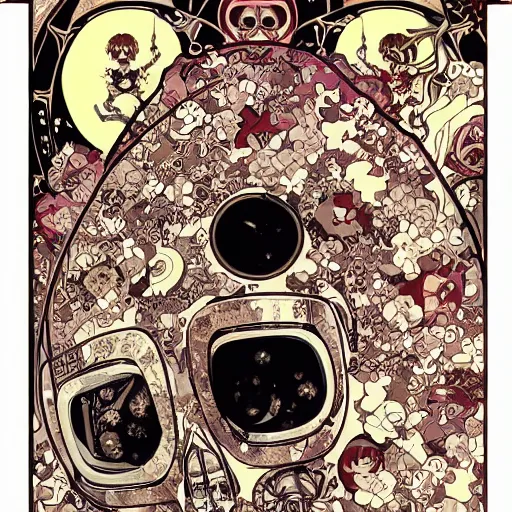 Image similar to anime manga astronaut skull portrait profile skeleton by Alphonse Mucha and Takashi Murakami Joshua Davis generative pop art nouveau